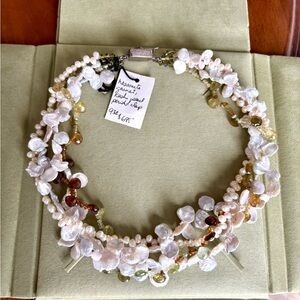 Multi-Strand Pearl and Gemstone Necklace - White and Amber Tones